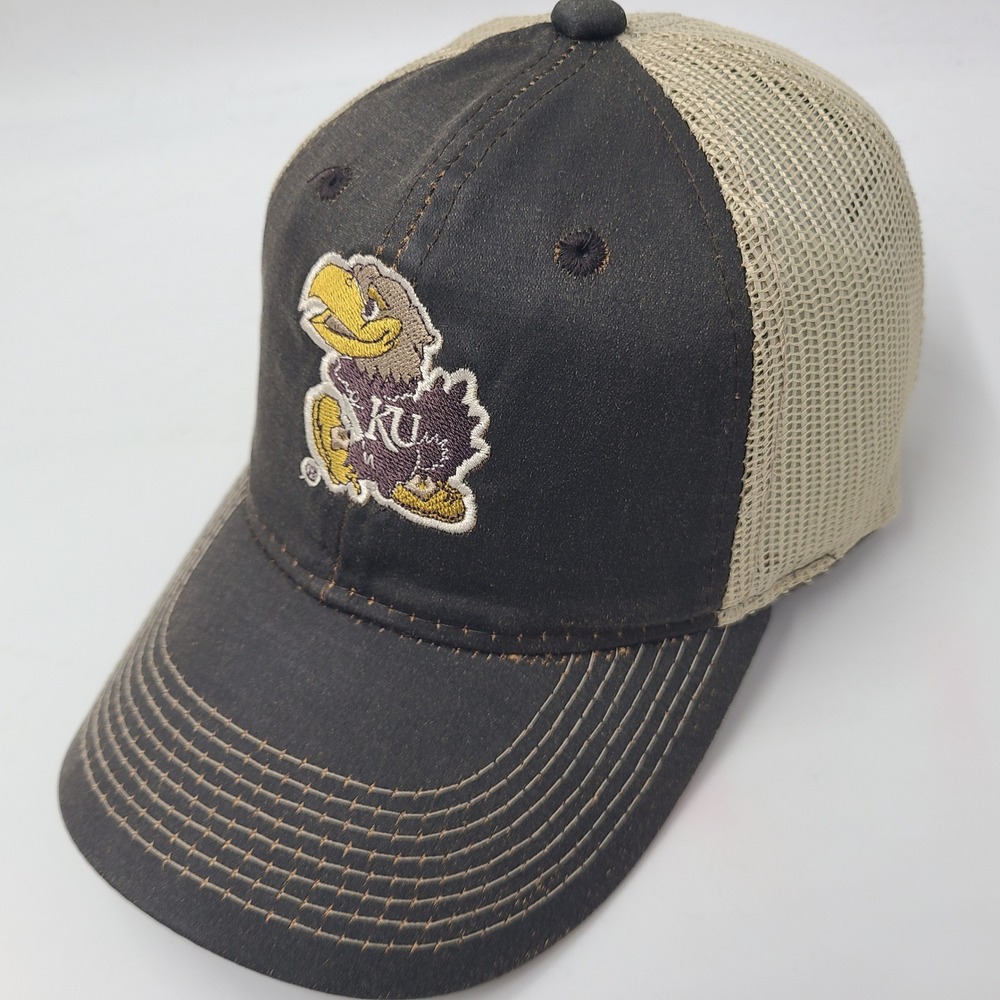 Kansas Jayhawks Hat Snapback Trucker Mesh The Game Brown Beige NCAA Waxed Cotton